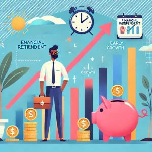 Indian professional standing in front of a financial graph showing upward growth, stacks of coins, and a piggy bank. The background features light pastel blue with elements symbolizing early retirement, including palm trees and a calendar with a tick mark, representing the concept of Financial Independence and Retire Early (FIRE).