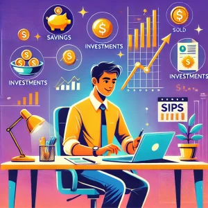 Illustration of a young Indian professional sitting at a desk in a modern office, managing finances on a laptop. The desk features investment documents and a chart showing upward financial growth. The background includes icons representing savings, investments, SIPs, gold, and financial goals, symbolizing wealth-building and financial success. The image uses a bright and motivational color palette.